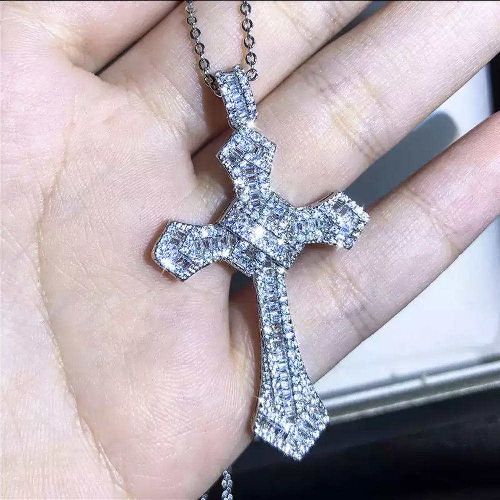 New Men Women 925 Silver Cross Diamond Necklace